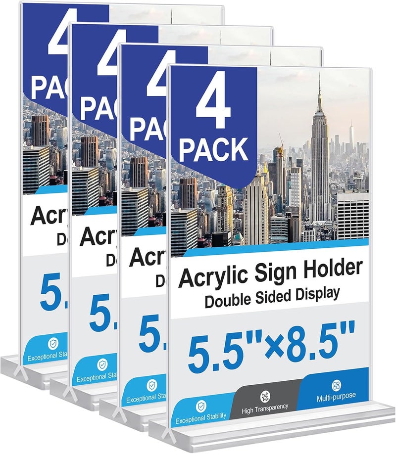 dulvus Acrylic Sign Holder 5.5x8.5 Inches 4 Pack, Double Sided Clear Display Stand Table Top Sign Paper Holder, Vertical Menu Flyer Holder, Plastic Sign Frame for Stores, Restaurants, Hotels, Office - Image 1